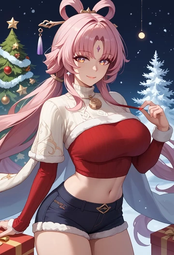 star rail,fu xuan,Christmas,red velvet shorts,turtleneck sweater  - AI generated anime art